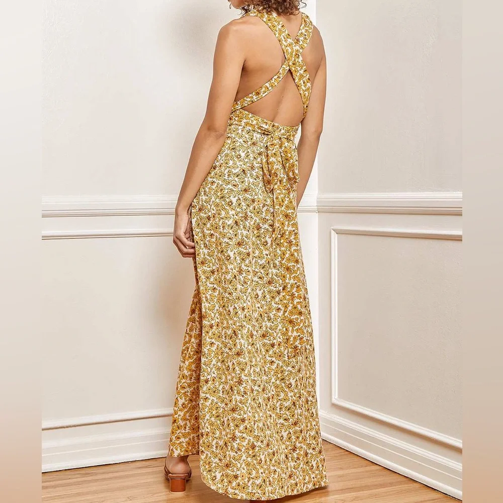 NWT Lulu’s These are the Days Mustard Yellow Floral Print Halter Maxi Dress | S - Picture 3 of 12